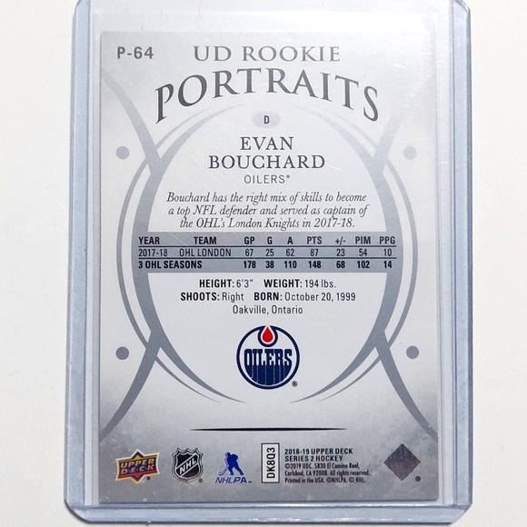 Evan Bouchard UD Portraits Rookie Hockey Card Edmonton Oilers 2018/19 - Picture 2 of 2
